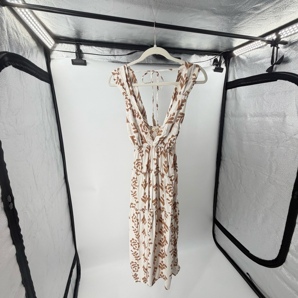 Salty Lemon Boho Tiered Midi Dress V-Neck Tassel Tie Back M Flowy Tan Cream